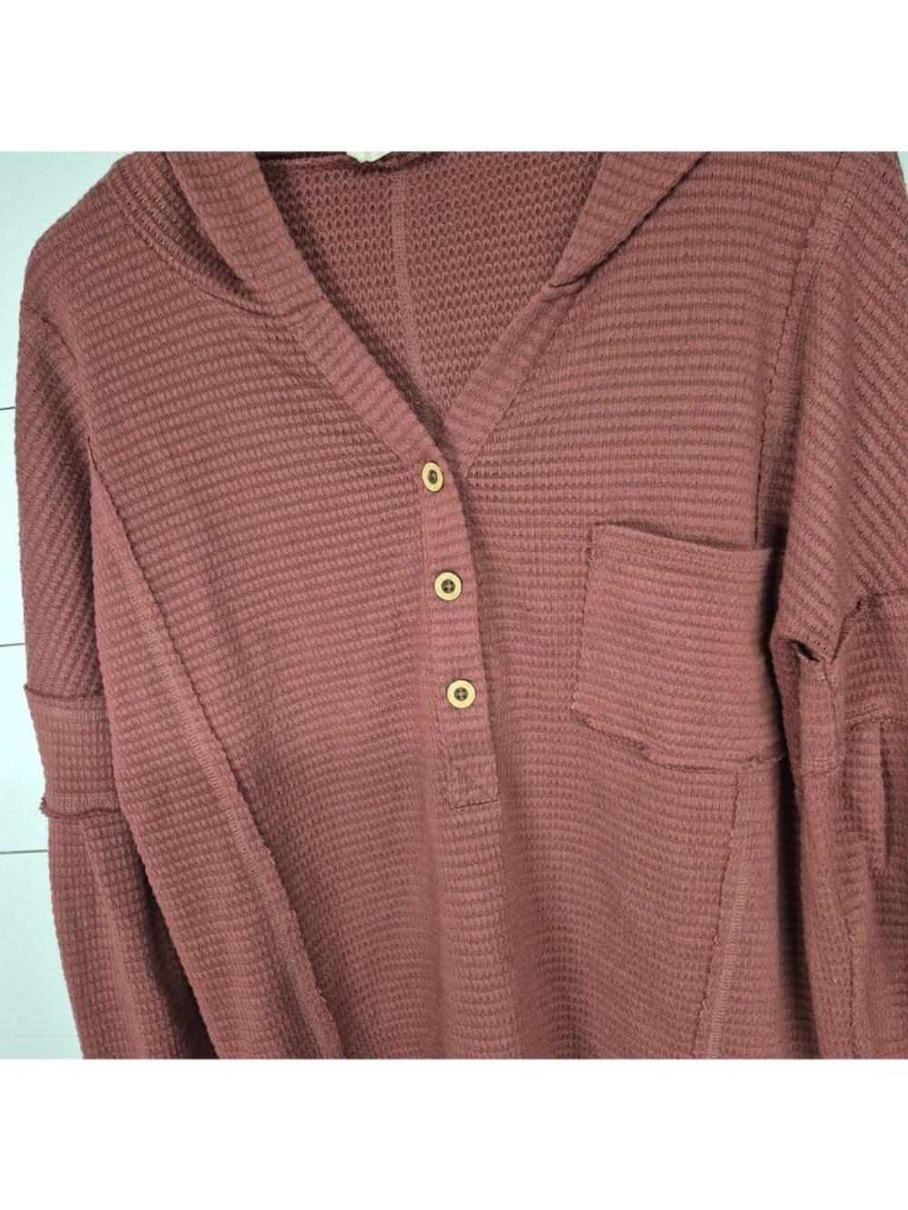 Waffle Knit Burgundy Hoodie With Button Detail & Front Pocket Long Balloon Sleev - Picture 6 of 9